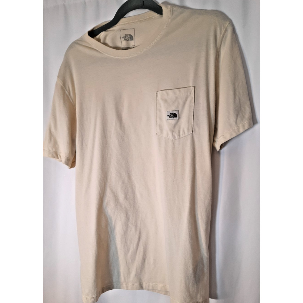 The North Face Cream Tan Pocket T Shirt Size L see pics-stain on back shoulder